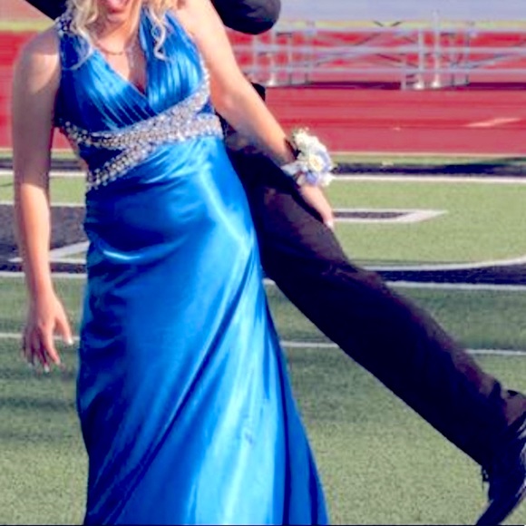 Elegant Blue Satin Prom Dress with Rhinestone Embellishments main image 0